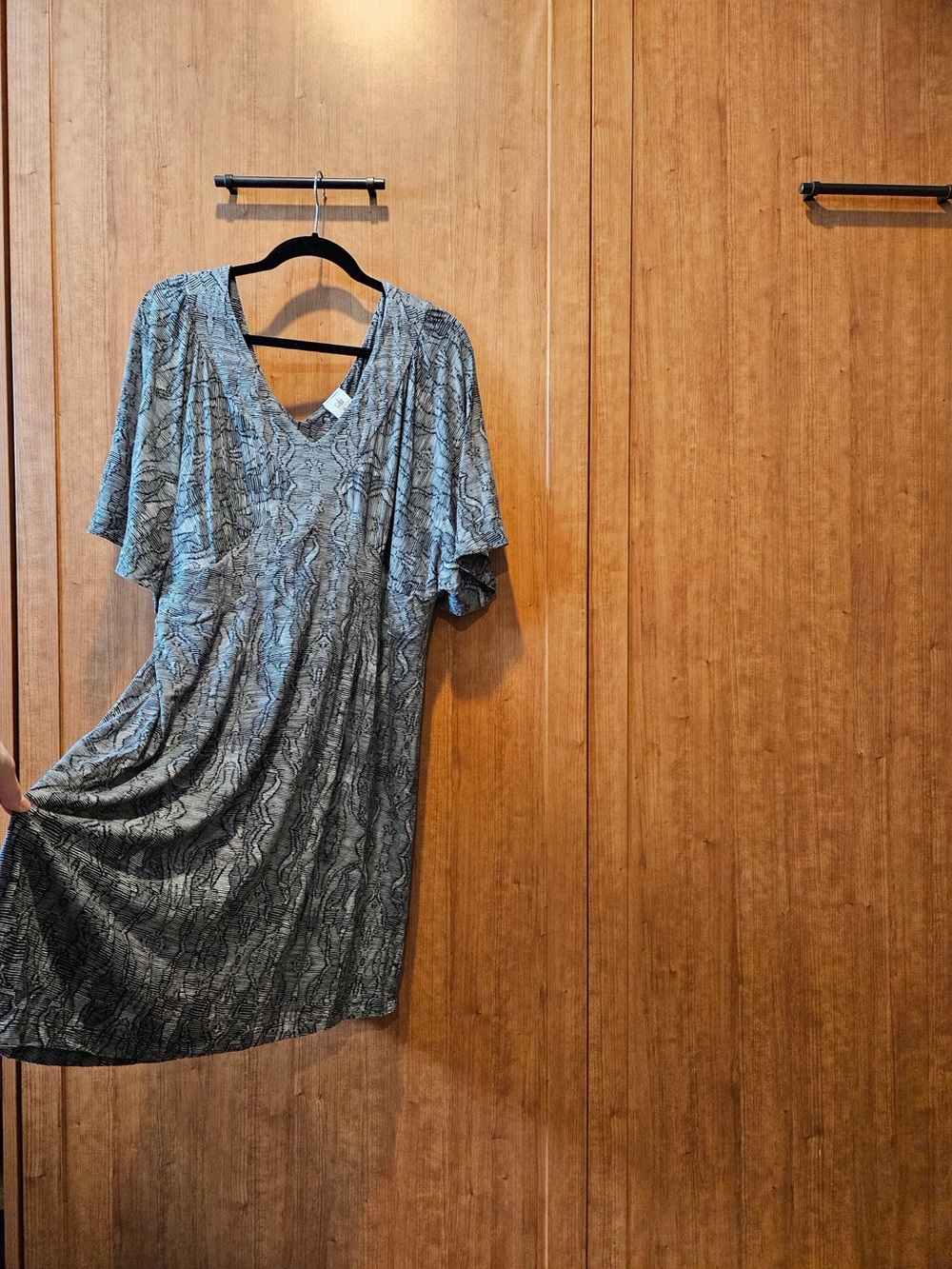CAbi Gray and Black Patterned V-Neck Dress